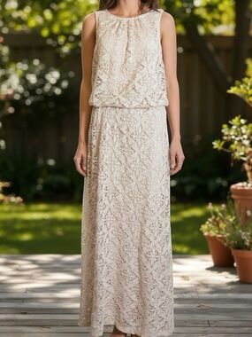 London Times Crochet Maxi Dress Size 10 Beige Boho Lined